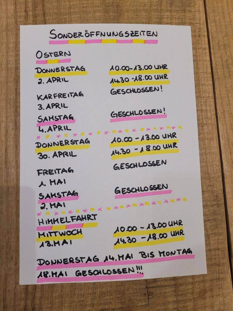 An den Feiertagen haben wir geänderte Öffnungszeiten!!!