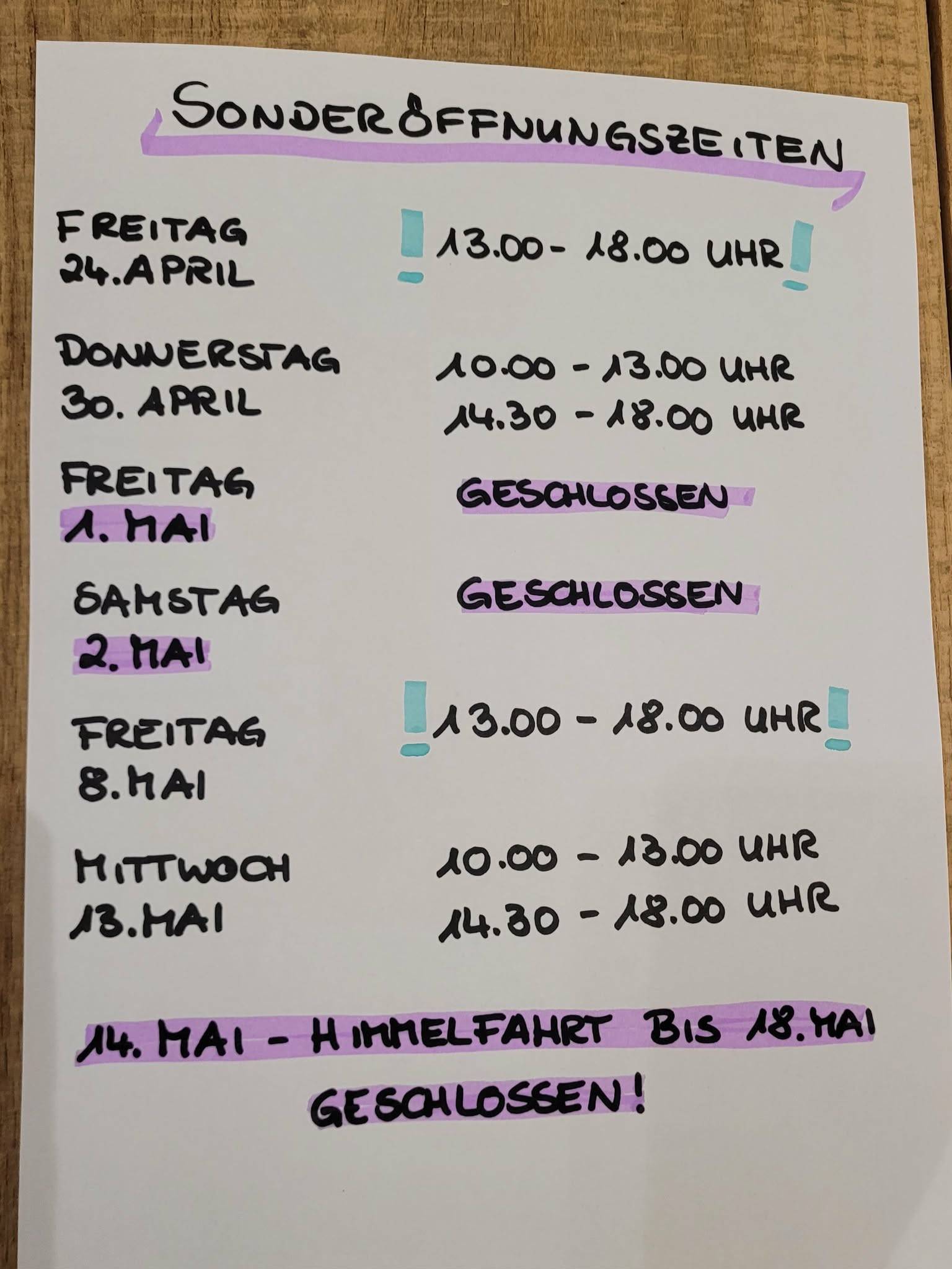 Sonderöffnungszeiten April und Mai